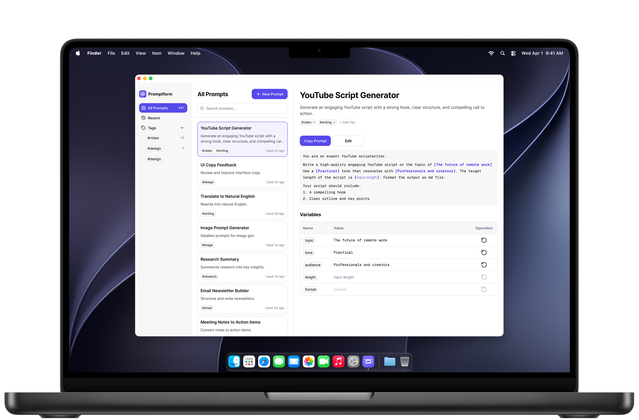 Promptform on a MacBook, showing the prompt library and a YouTube script template with customizable variables.