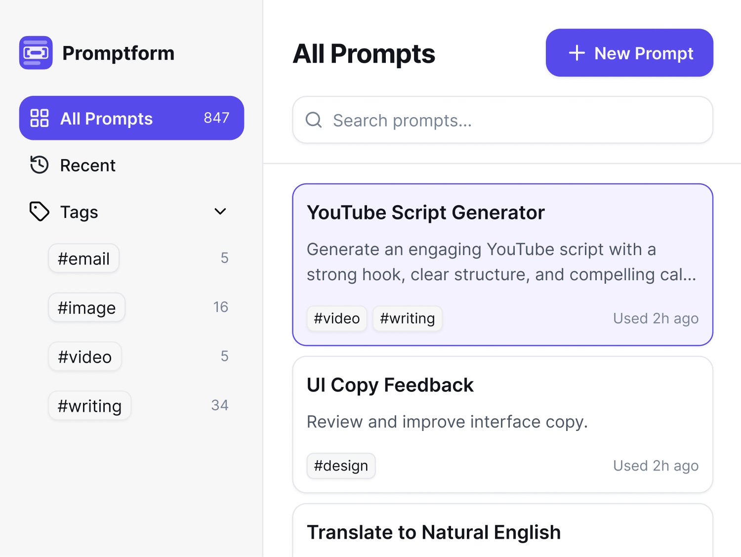 Promptform prompt library showing saved templates, search, and tags for organizing prompts.