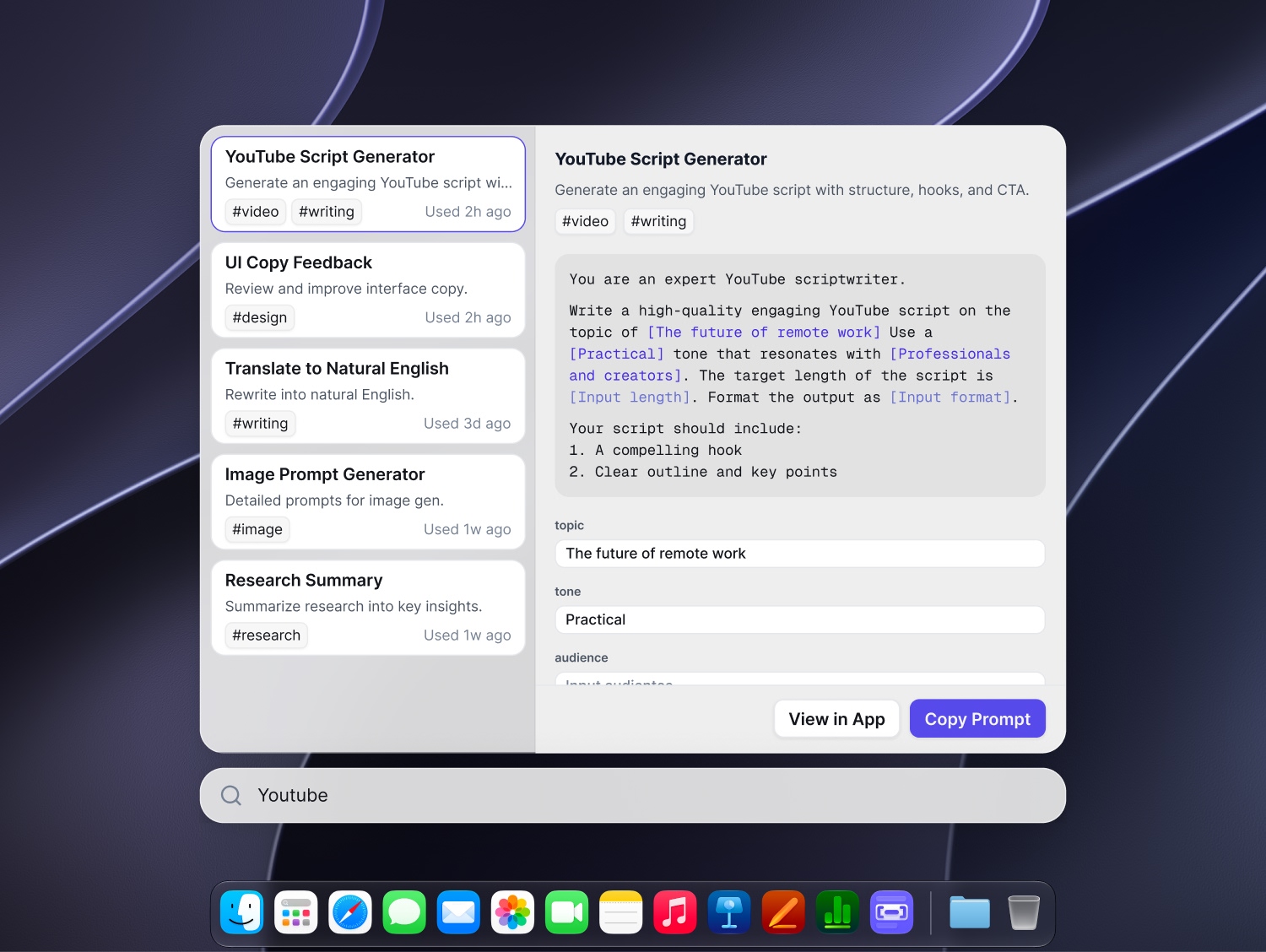 Promptform quick launcher showing saved prompts, a YouTube script template, and fields for its variables.